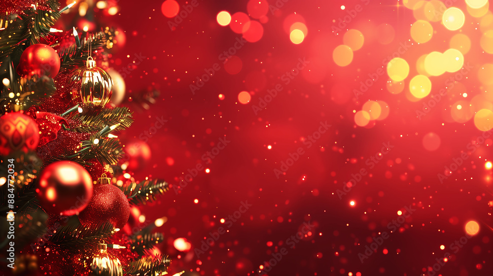 A Christmas tree with shining ornaments and bokeh lights, positioned against a red background with plenty of copy-space, captured in HD quality A Christmas tree with shining ornaments and bokeh lights, positioned against a red background with plenty of copy-space, captured in HD quality