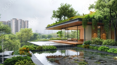 Modern eco-friendly house with rooftop garden overlooking a serene pond and lush greenery in an urban setting, blending nature with architecture.