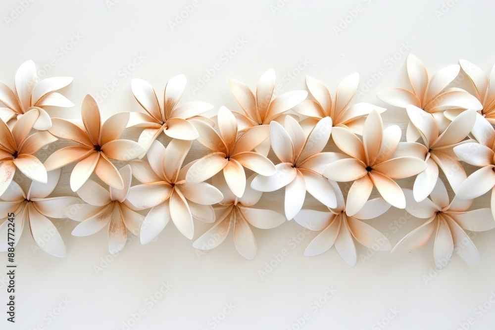 A row of delicate white plumeria flowers with soft, orange centers are arranged on a white background A row of delicate white plumeria flowers with soft, orange centers are arranged on a white background