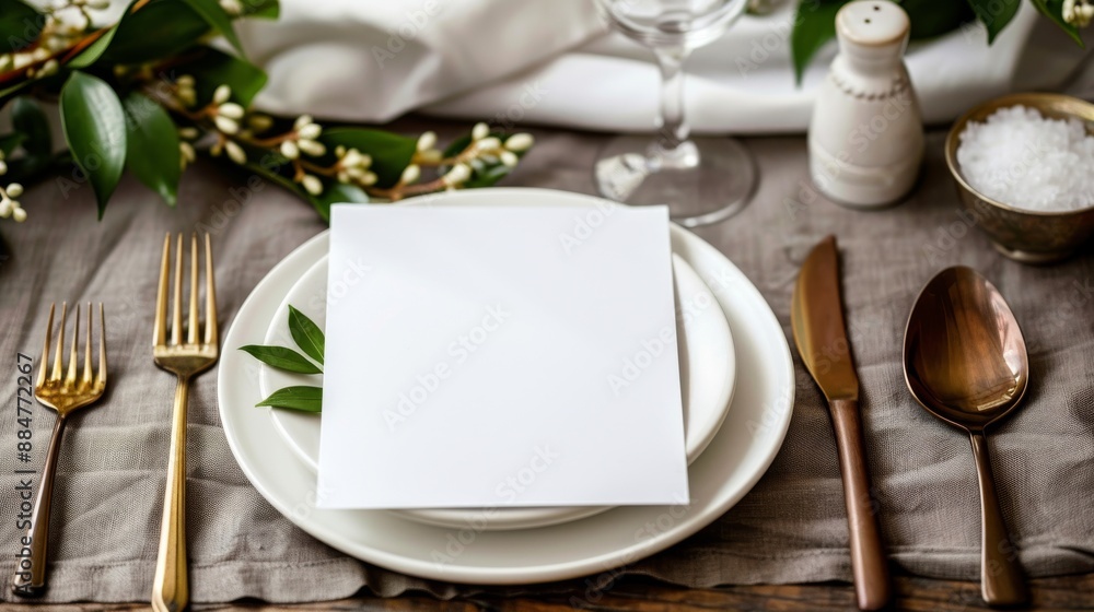 Table place setting blank menu card mockup or reserve in wedding invite and special event Table place setting blank menu card mockup or reserve in wedding invite and special event