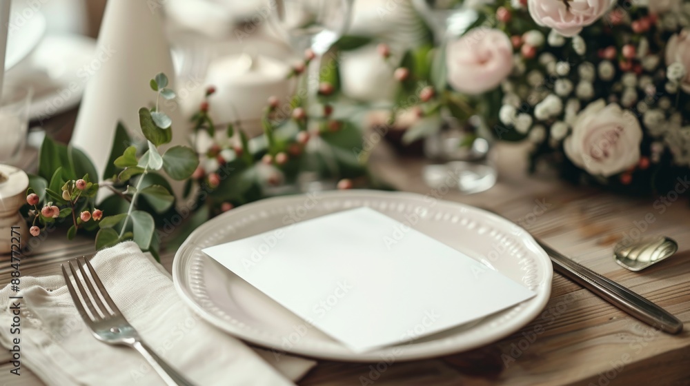 Table place setting blank menu card mockup or reserve in wedding invite and special event Table place setting blank menu card mockup or reserve in wedding invite and special event
