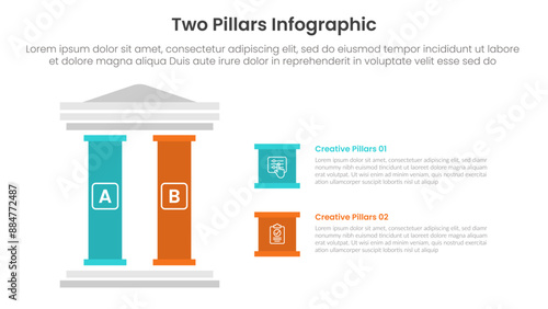 two pillars framework with ancient classic construction infographic with 2 point stage template with left column and creative box description for slide presentation