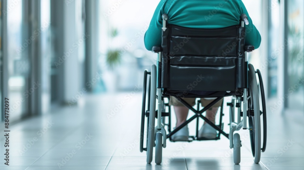 Rear View of Person in Wheelchair in Hospital Corridor. Rear View of Person in Wheelchair in Hospital Corridor.