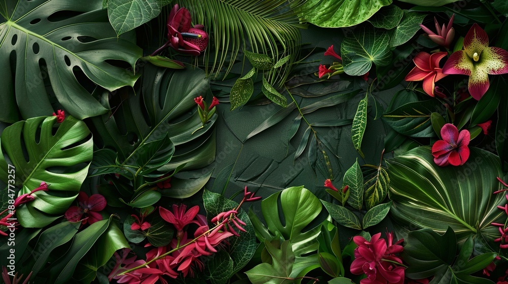 Fototapeta premium Tropical Tapestry: Verdant Hues and Floral Blooms