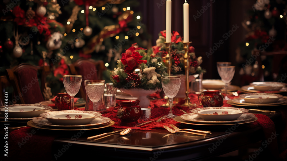 A festive dining table set for a holiday feast, adorned with a A festive dining table set for a holiday feast, adorned with a