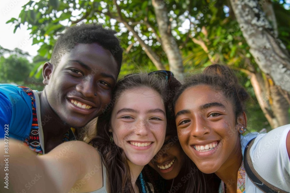 Obraz premium Multi-Cultural Friends Taking Selfies with Smartphones Outdoors, Capturing Fun Moments and Celebrating Diversity in a High-Quality, Casual Setting