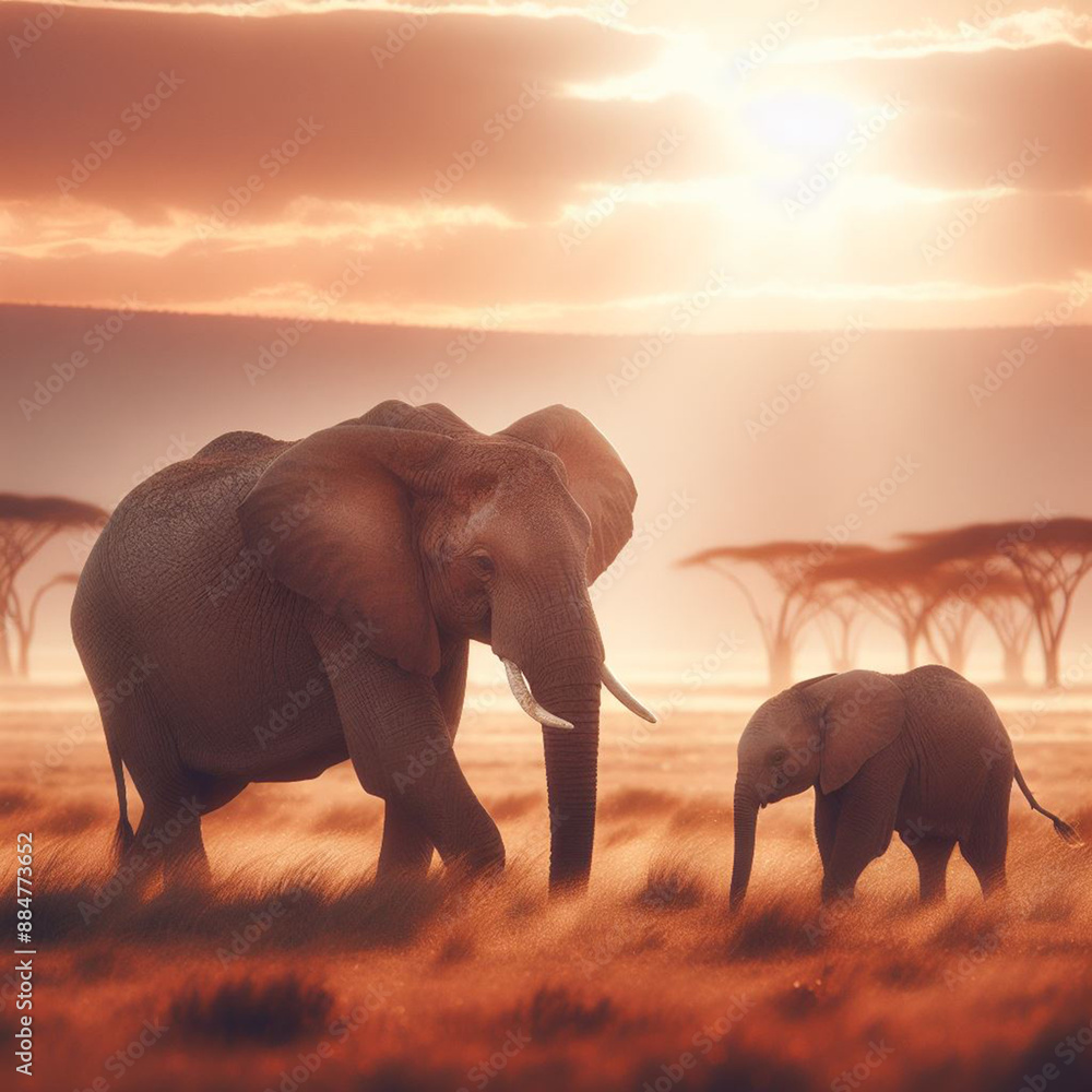 Fototapeta premium elephants at sunset
