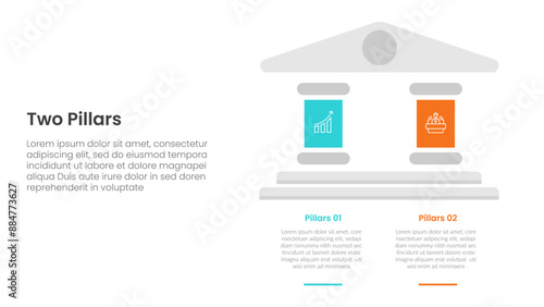two pillars framework with ancient classic construction infographic with 2 point stage template with big pillars on right column side for slide presentation