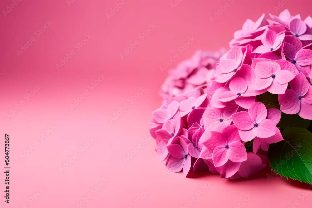 Fototapeta premium A bouquet of pink hydrangeas with copy space on a pink background. Postcard with fresh flowers, place for text