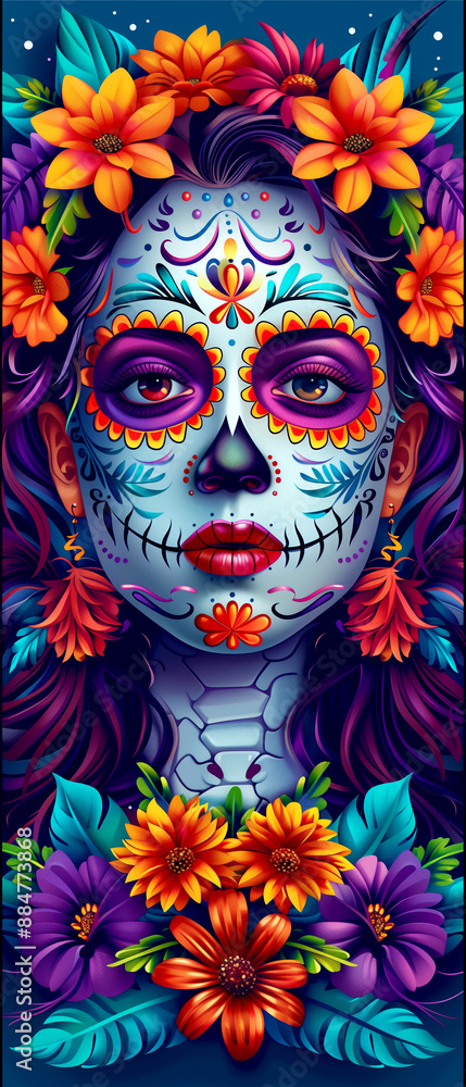 Naklejka premium A woman with a flower headdress and a skull on her face. The skull is surrounded by flowers and the woman has a red lip. The image is colorful and has a festive, celebratory mood