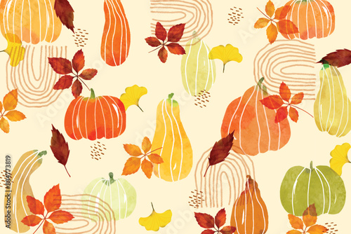 Watercolor pattern with colorful pumpkins and leaves. Autumn pattern with orange autumn leaves and orange and watercolor pumpkins.