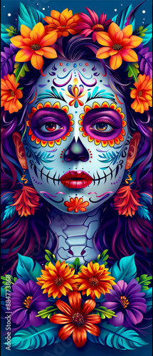 A woman with a flower headdress and a skull on her face. The skull is surrounded by flowers and the woman has a red lip. The image is colorful and has a festive, celebratory mood