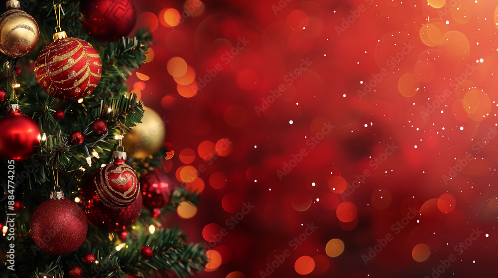 A vividly decorated Christmas tree with ornaments and bokeh lights, standing before a red background with ample copy-space, captured in high definition A vividly decorated Christmas tree with ornaments and bokeh lights, standing before a red background with ample copy-space, captured in high definition