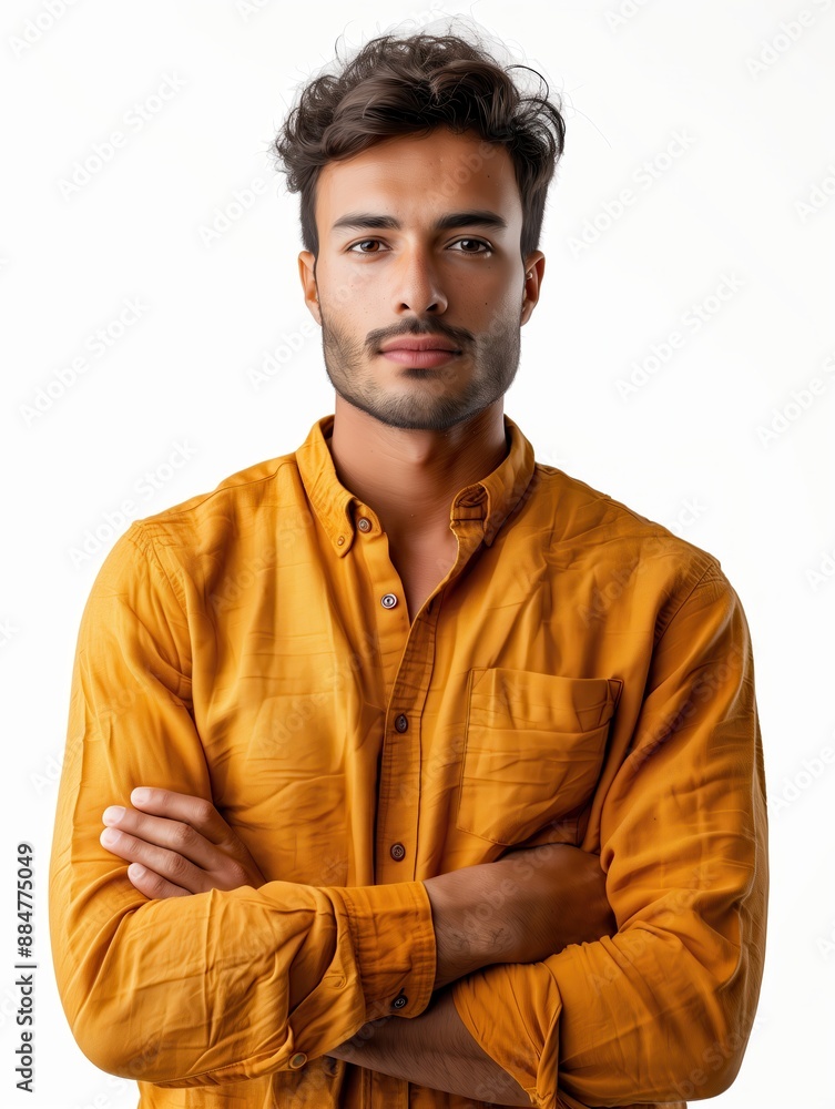 Confident man in mustard shirt, arms crossed, neutral expression, tousled hair, white background Confident man in mustard shirt, arms crossed, neutral expression, tousled hair, white background