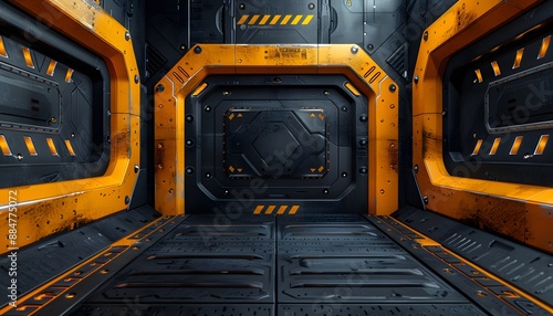 Fototapeta Naklejka Na Ścianę i Meble -  A narrow corridor with black and yellow panels and a black floor. The walls are lined with rectangular panels, some with glowing orange lights