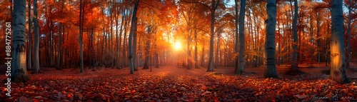 A wide view of a forest with tall trees with red and orange leaves, sunlight filtering through the branches, and a path leading to a setting sun in the distance © Jiraphat