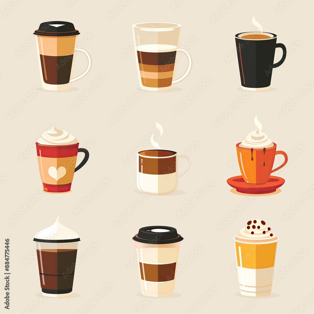 Fototapeta premium Coffee Tea Cup Collection, Espresso Cafe Mug Set, Diner Menu Objects, Hot Drink Concept Art, Food and Beverage Design Illustration, Restaurant Web Graphic, Cute Culinary Clipart 