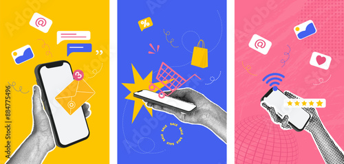 Set of 3 trendy halftone business concept collages. Concept of shopping, sales, wifi usage, online payment, phone usage. Trendy modern retro illustration in bright trendy colors. Business concept