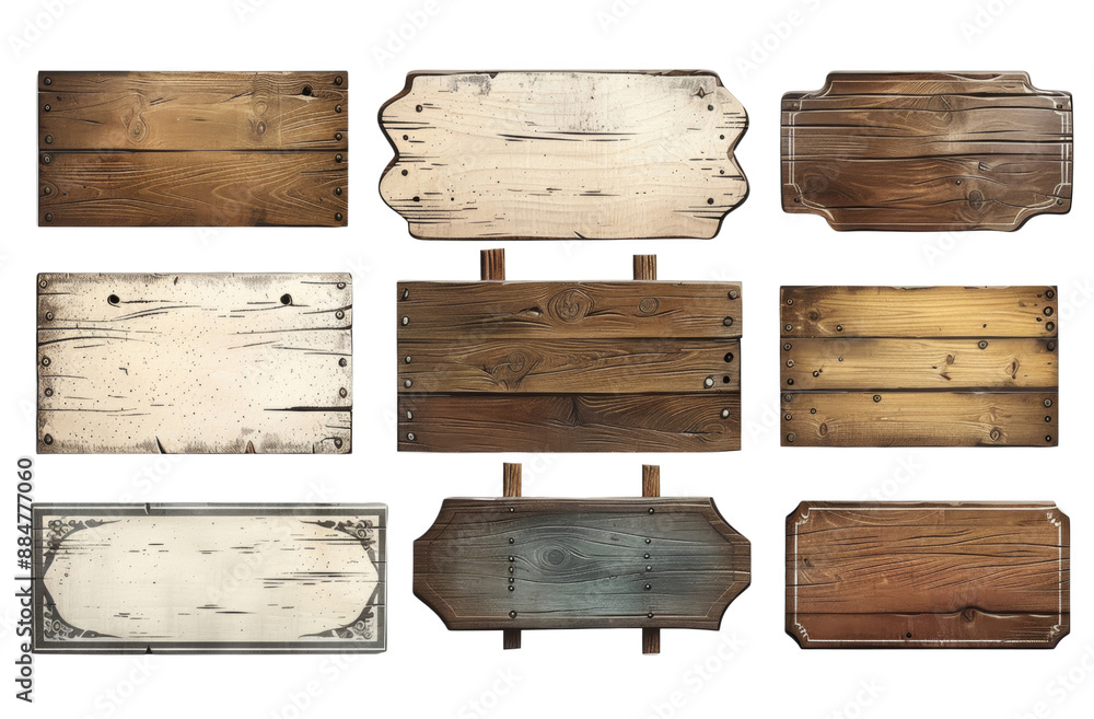 A collection of wooden signs with various designs and sizes A collection of wooden signs with various designs and sizes