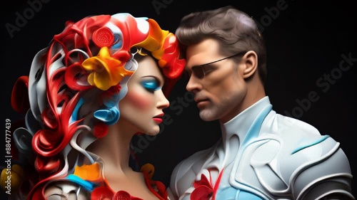Couple in abstract outfits posing close together