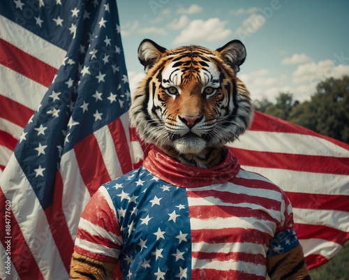 tiger mascot cartoon character wearing Happy 4th of July with the USA flag drees photo