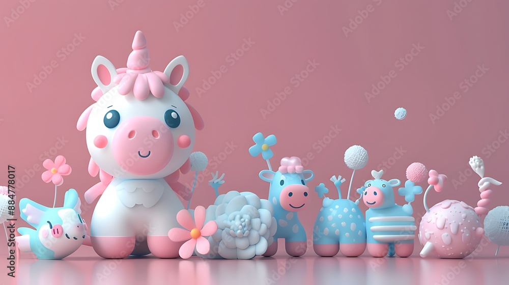 3D cute unicorn adorable with blue pink pastel color background 3D cute unicorn adorable with blue pink pastel color background