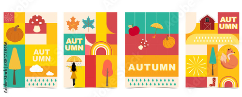 Autumn landscape background with geometric style.Editable vector illustration for postcard,a4 vertical size