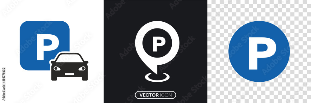 Car parking icon set. Different style Parking and traffic signs isolated on white and transparent background. Parking location. Map parking pointer. Vector EPS 10 Car parking icon set. Different style Parking and traffic signs isolated on white and transparent background. Parking location. Map parking pointer. Vector EPS 10