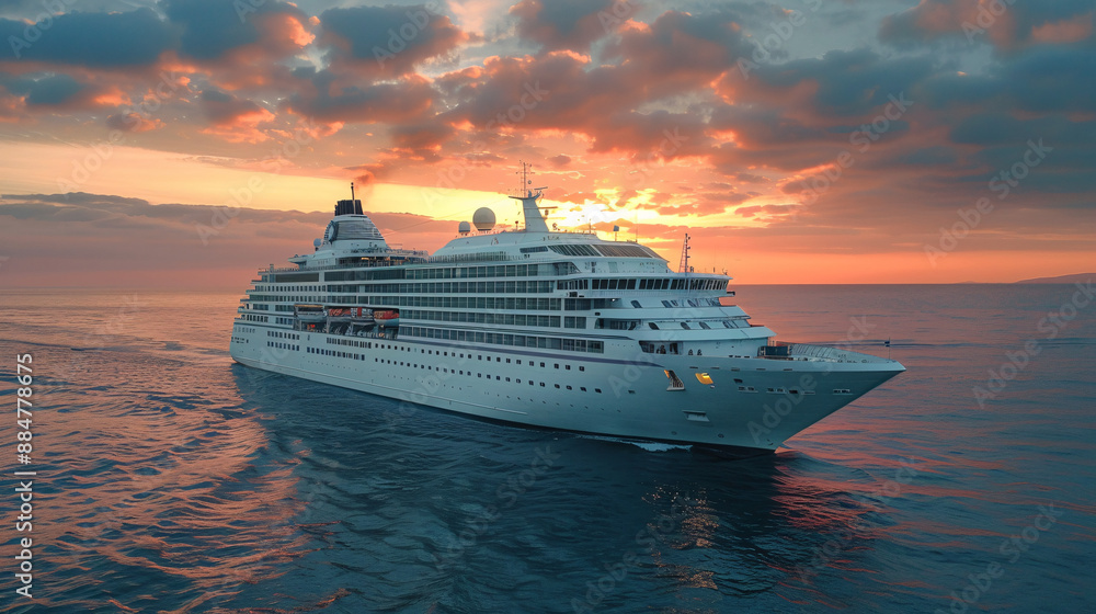 A beautiful white cruise ship glides through the calm ocean waters early in the morning, representing exclusive tourism travel on holiday during summer. A beautiful white cruise ship glides through the calm ocean waters early in the morning, representing exclusive tourism travel on holiday during summer.