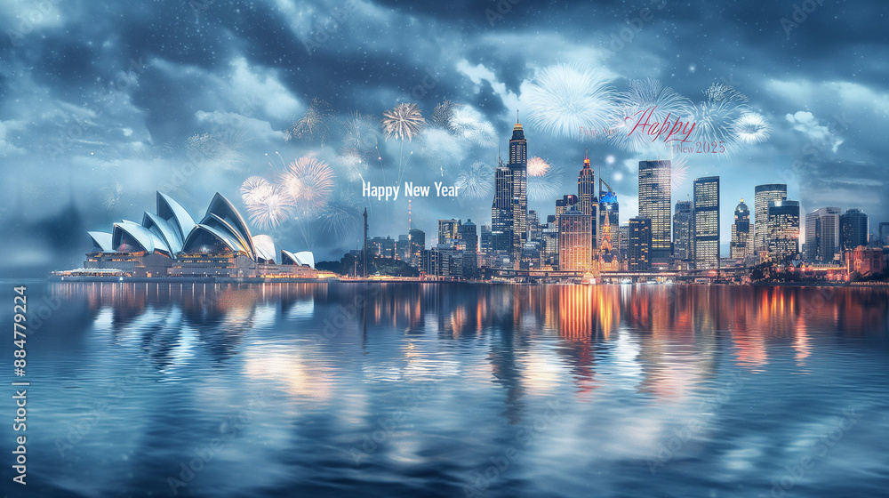 Naklejka premium Global Celebration An image depicting iconic landmarks from around the world Sydney Opera all celebrating Happy New Year with fireworks and lights