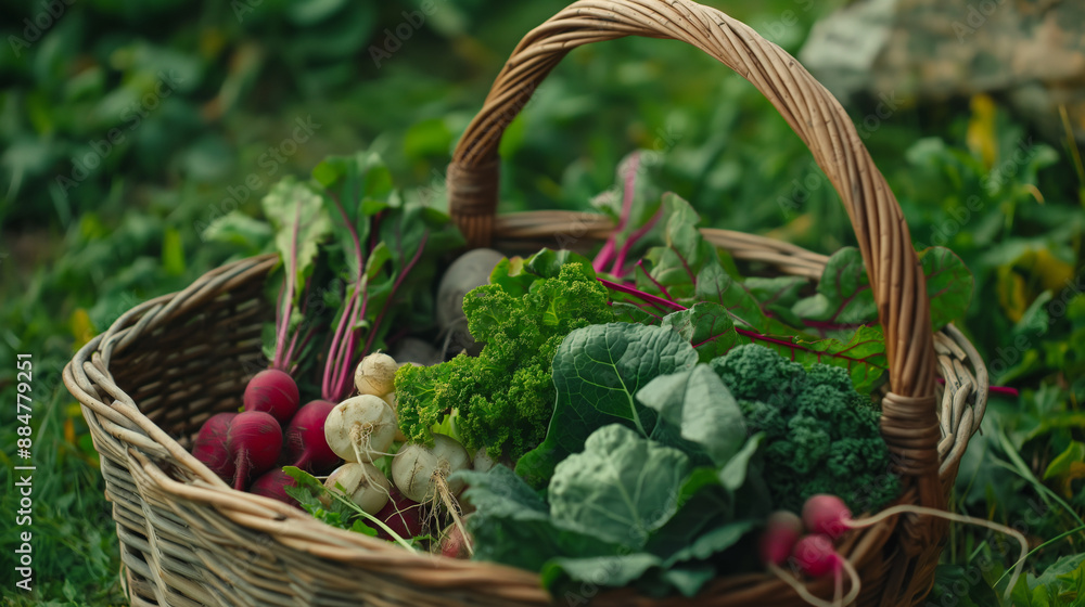 Harvest Basket A rustic basket filled with freshly harvested vegetables, including root vegetables like beets and radishes, and greens like kale and spinach Harvest Basket A rustic basket filled with freshly harvested vegetables, including root vegetables like beets and radishes, and greens like kale and spinach
