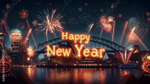 Global Celebration An image depicting iconic landmarks from around the world Sydney Opera all celebrating Happy New Year with fireworks and lights