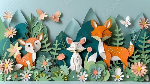 3D cute adorable paper cut forest animal with blue pink pastel color background