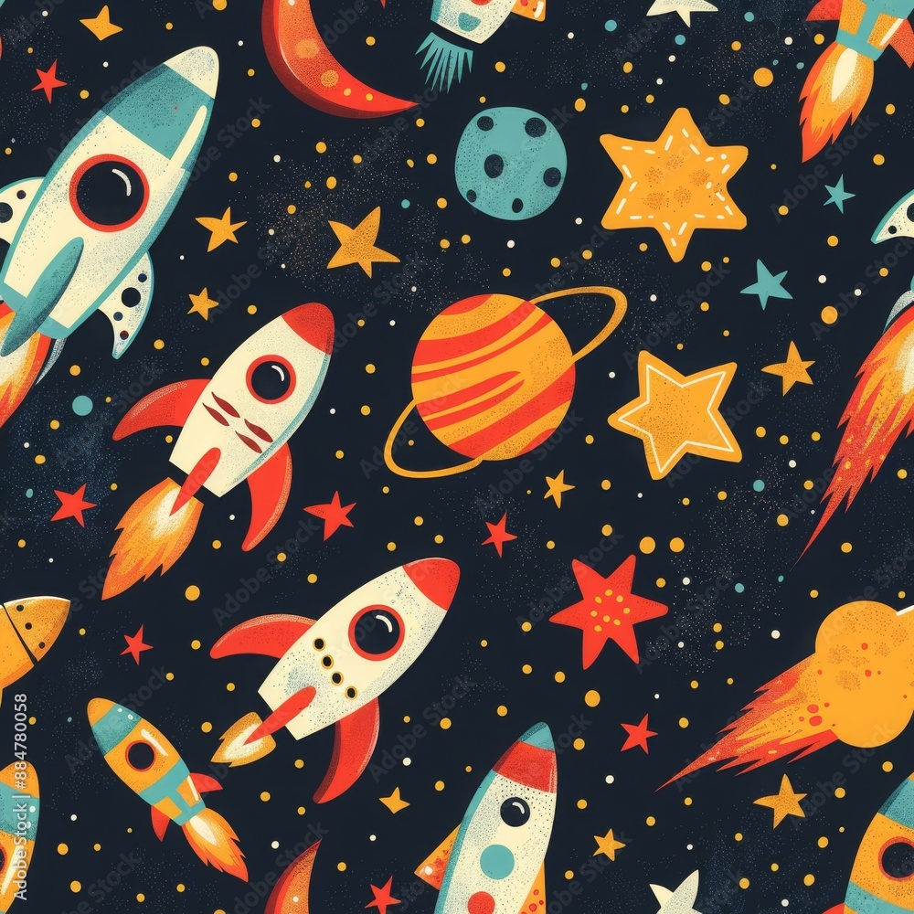 Naklejka premium Celestial Symphony: Rockets, Planets, and Stars Intertwined
