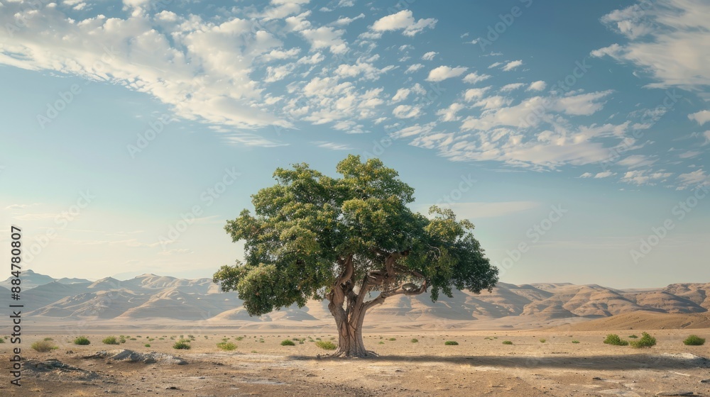 Fototapeta premium Solitary Tree in a Desert Landscape: A lone tree stands tall against a backdrop of rolling hills under a vast, blue sky with fluffy clouds, portraying resilience, beauty, and serenity.