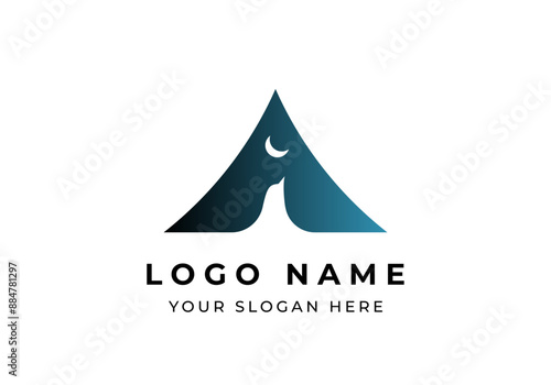 Logo crow and camping tent with moon at night, logo advanture, camping club, modern and minimalsit. Editable file