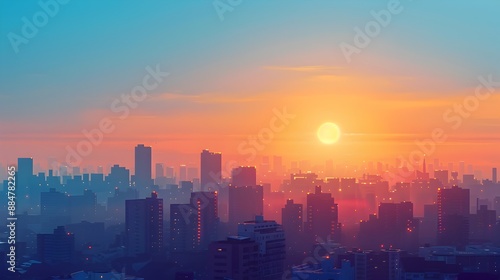 Minimalist Cityscape at Sunrise with Simple Geometric Shapes and Calm Color Palette