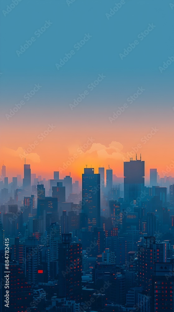 Obraz premium Majestic Cityscape at Sunrise Minimalist Digital Architectural Landscape in Serene Blue and Orange Hues