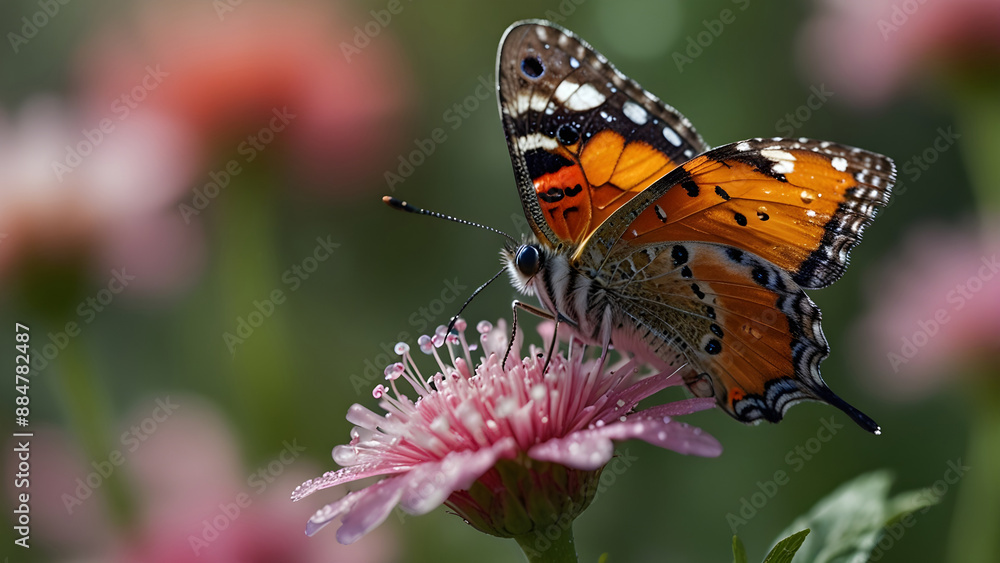 Vibrant butterfly on delicate pink flower in rain