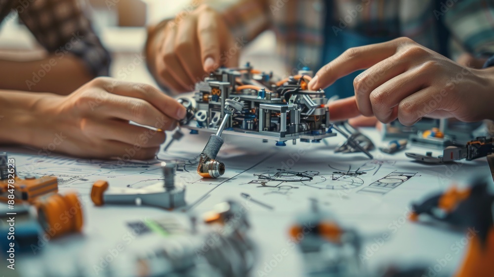 Fototapeta premium A close-up shot of a diverse team of engineers working together on a robotics project. Hands are visible as they assemble intricate parts of a robot, showcasing teamwork and collaboration. The