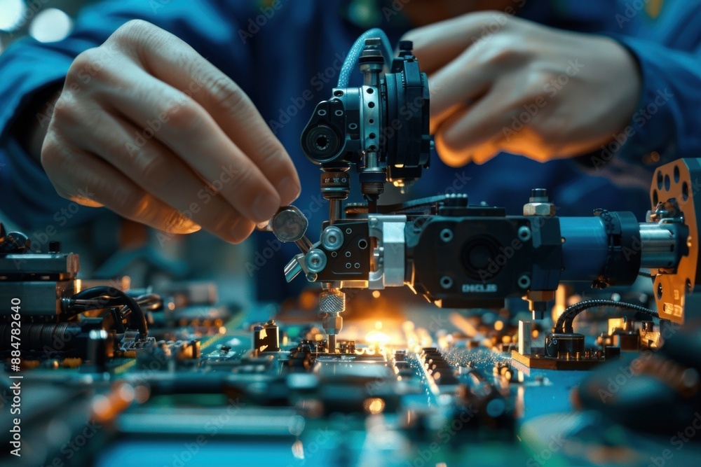 A close-up image of a team of engineers deeply involved in constructing a robotic arm. The shot focuses on their hands meticulously fitting pieces together. The workspace is equipped with various A close-up image of a team of engineers deeply involved in constructing a robotic arm. The shot focuses on their hands meticulously fitting pieces together. The workspace is equipped with various