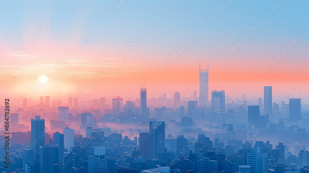 Minimalist Digital Cityscape at Sunrise with Geometric Shapes and Calming Color Palette Minimalist Digital Cityscape at Sunrise with Geometric Shapes and Calming Color Palette
