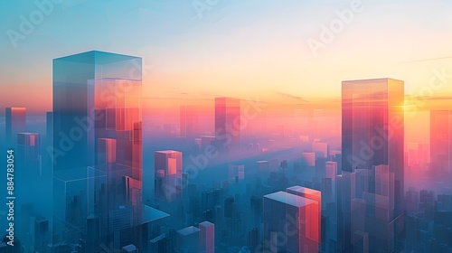 Minimalist Cityscape Sunrise with Geometric Skyscrapers and Vibrant Color Palette