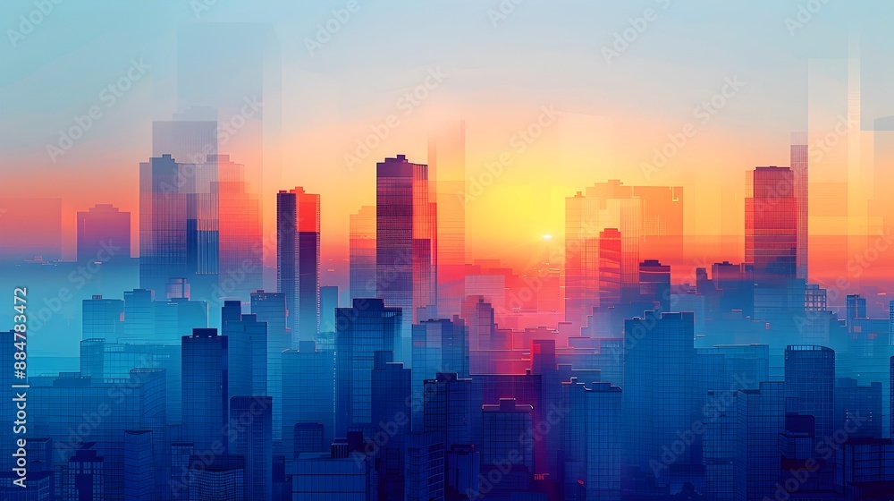 Captivating Minimalist Cityscape at Sunrise with Geometric Skyscrapers and Serene Color Palette Captivating Minimalist Cityscape at Sunrise with Geometric Skyscrapers and Serene Color Palette