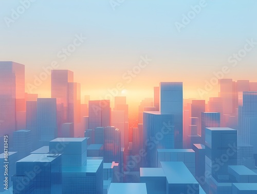 Minimalist Digital Cityscape at Sunrise with Geometric Shapes and Calm Color Palette photo