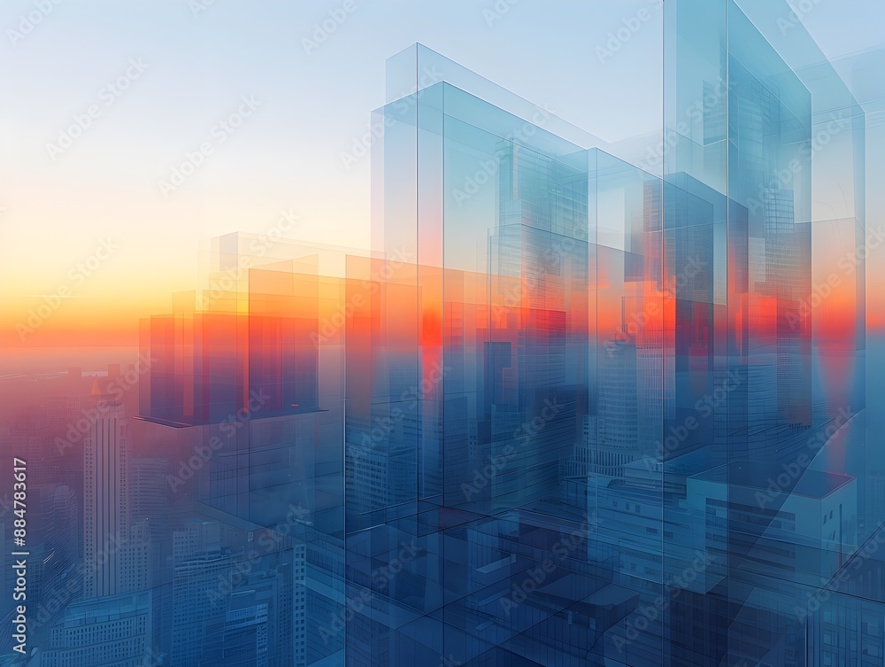 Minimalist Digital Cityscape at Sunrise with Geometric Shapes and Calm Color Palette Minimalist Digital Cityscape at Sunrise with Geometric Shapes and Calm Color Palette
