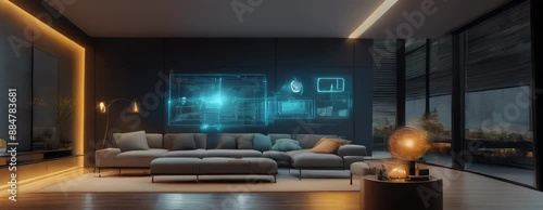 Modern living room with IoT technology and futuristic holographic display, cozy ambiance.