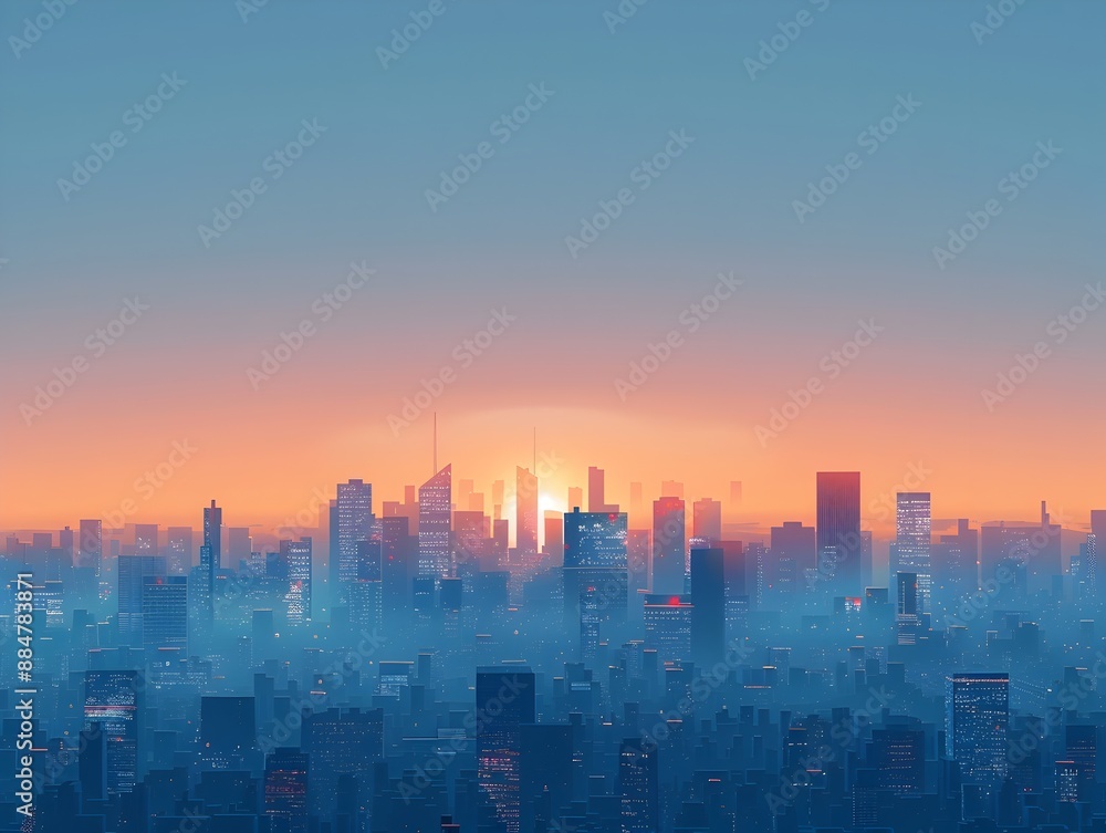 Fototapeta premium Serene Minimalist Cityscape at Sunrise with Geometric Skyscrapers and Calm Color Palette
