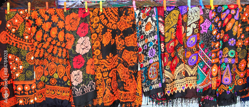 Turkmenistan. Ashkhabad market. Female kerchiefs with traditional ornament