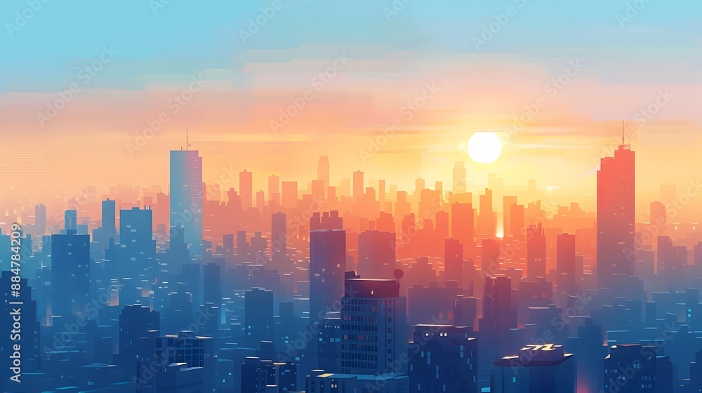 Minimalist Digital Cityscape at Sunrise with Geometric Shapes and Warm Color Palette Minimalist Digital Cityscape at Sunrise with Geometric Shapes and Warm Color Palette